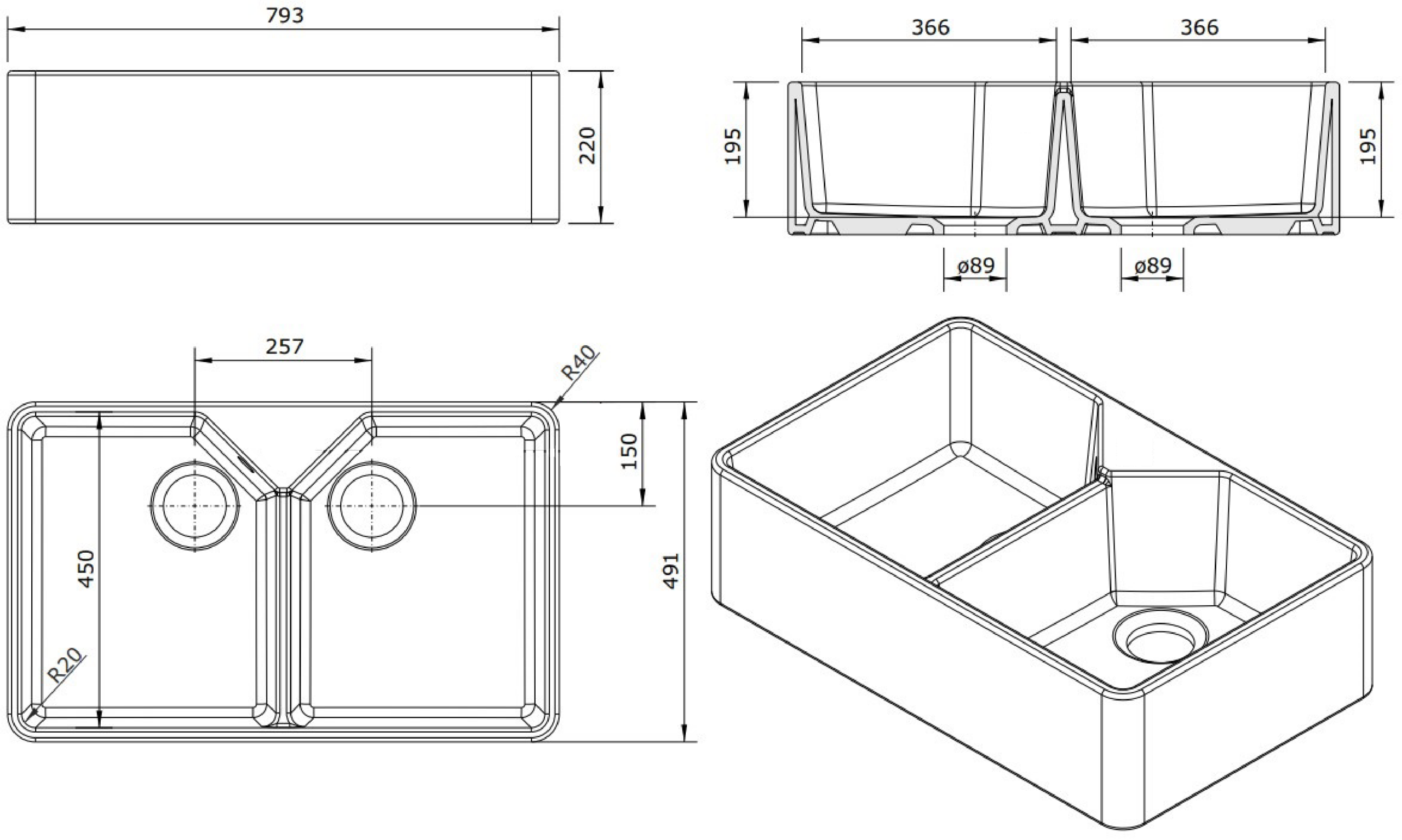 Turner Hastings 7403-1TH Chester Fireclay Double Butler Sink - Image 2