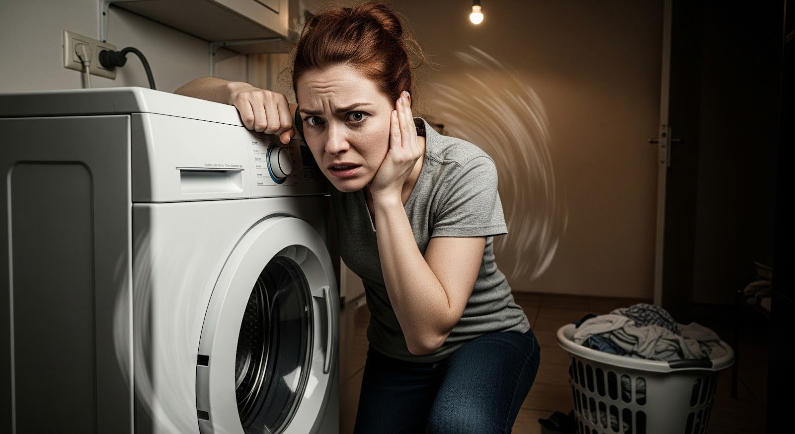 Woman getting frustrated with a loud washing machine