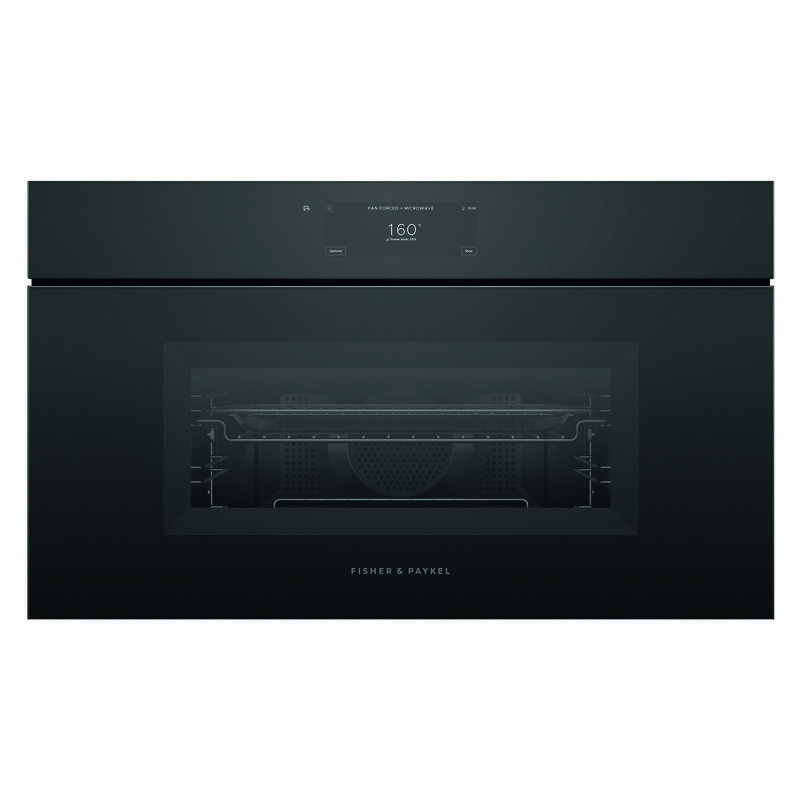 Fisher & Paykel 76cm Minimal Handleless Compact Combi-Microwave Oven - Black Glass (Series 9)