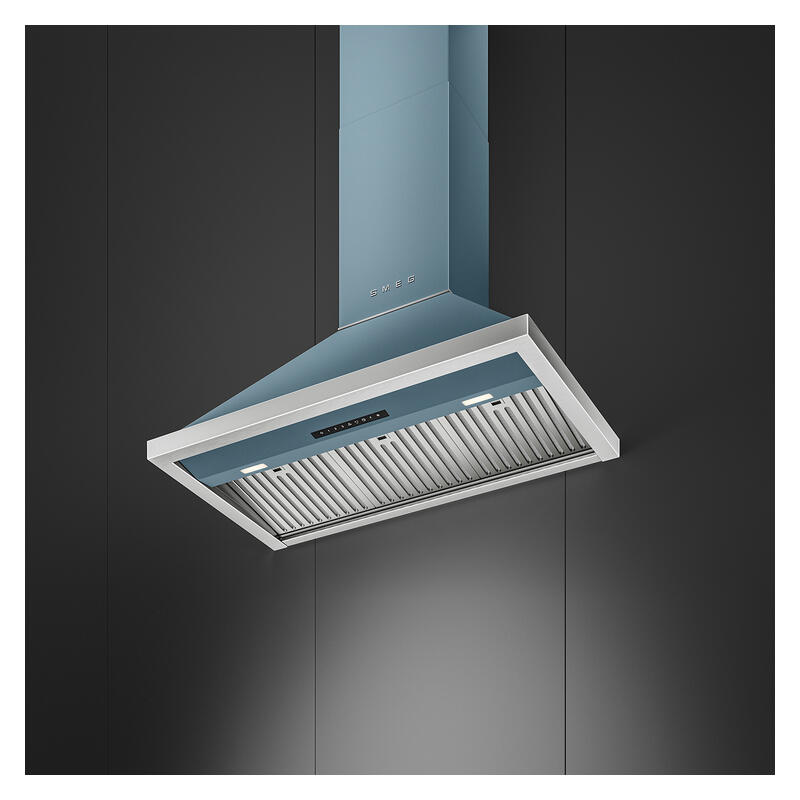 Smeg 90cm Portofino Canopy Rangehood - Storm Blue - Image 2